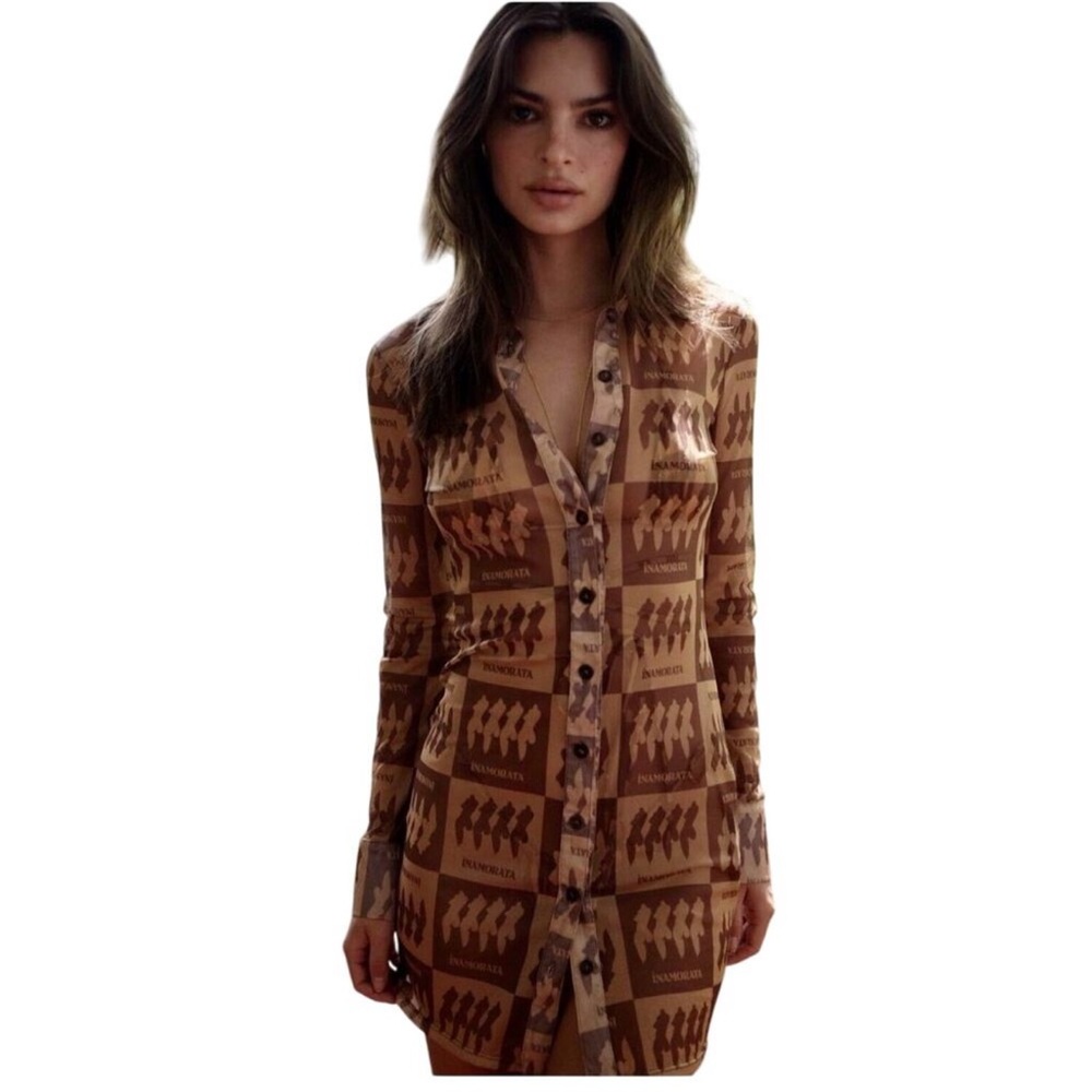 iNAMORATA Brown Patterned Long-Sleeve Button Dress